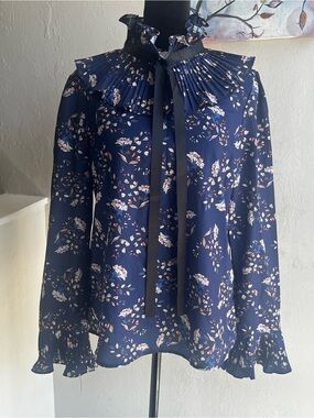 Navy Floral Ruffle Tie-Neck Blouse